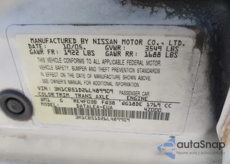 2006 Nissan Sentra 1.8S z USA, uszkodzony, nr VIN 3N1CB51D26L489909